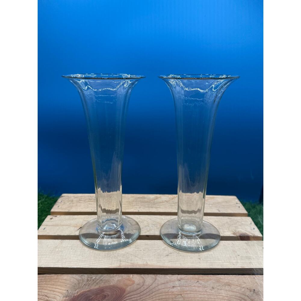 Pair of Vintage Mid-Century Ribbed Glass Trumpet Vases - 8” Tall